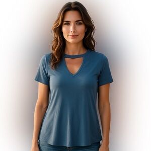 Kim & Cami blouse swing a-line rib fabric keyhole front back denim blue size L